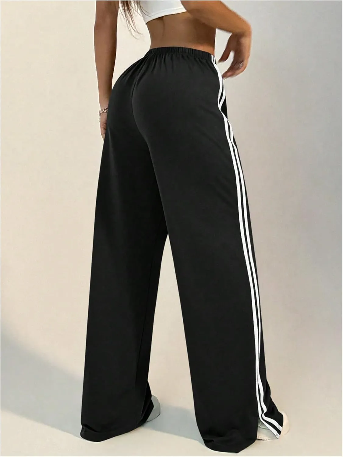 Women's Side Striped Pant Baggy Wide Leg Sweatpants Drawstring Low Waisted Slit Track Pants Streetwear Joggers