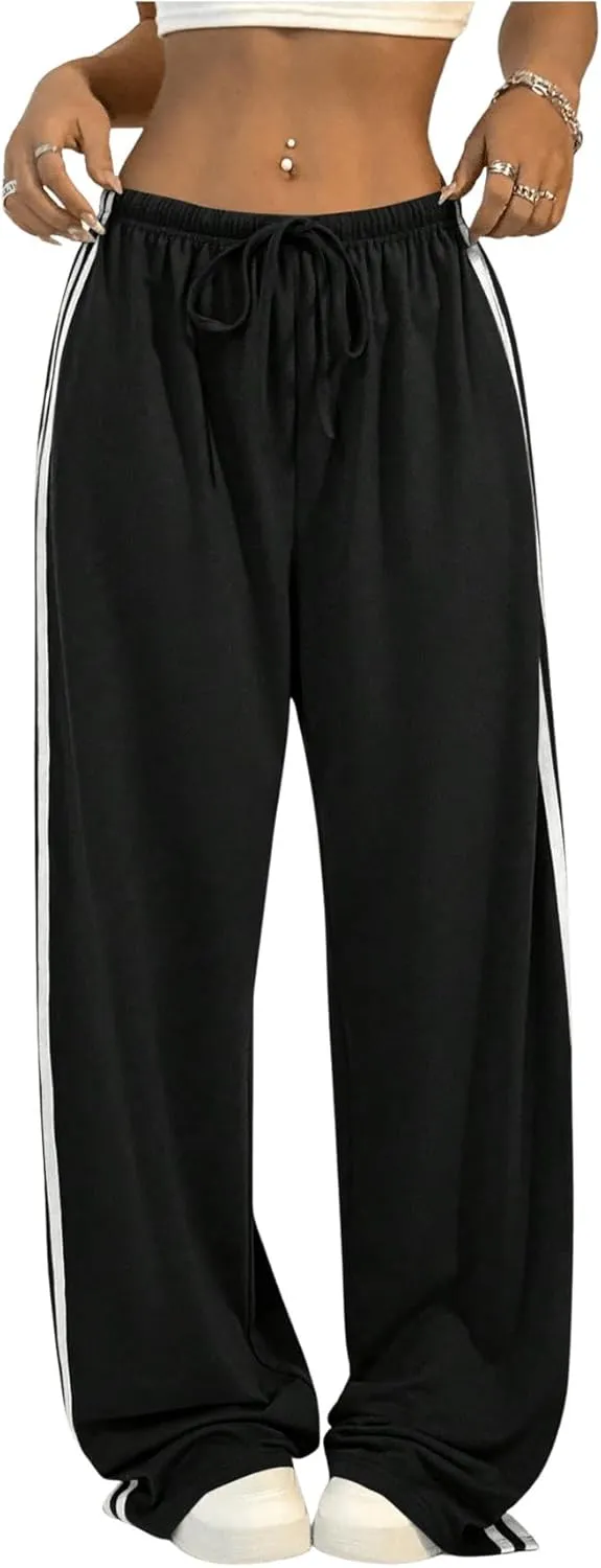 Women's Side Striped Pant Baggy Wide Leg Sweatpants Drawstring Low Waisted Slit Track Pants Streetwear Joggers