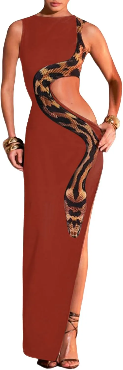 Women's Sleeveless Snake Printed Maxi Dress Sexy Hollow Out High Slit Bodycon Long Dress Evening Gown Party Dress