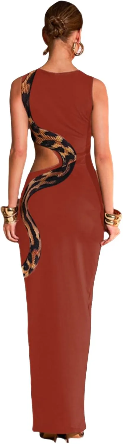 Women's Sleeveless Snake Printed Maxi Dress Sexy Hollow Out High Slit Bodycon Long Dress Evening Gown Party Dress