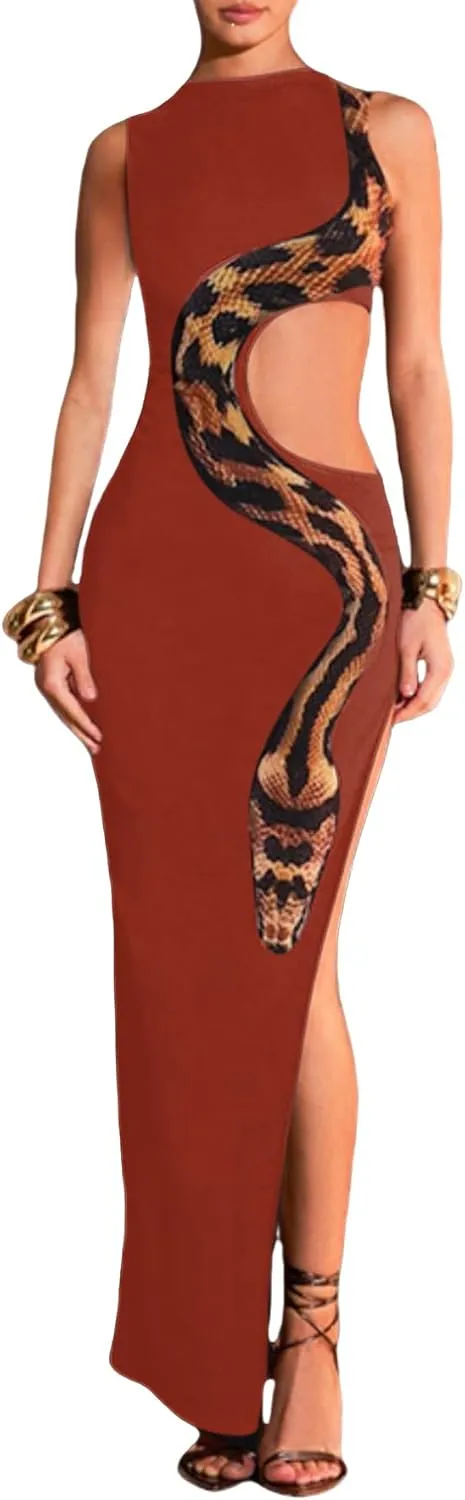 Women's Sleeveless Snake Printed Maxi Dress Sexy Hollow Out High Slit Bodycon Long Dress Evening Gown Party Dress