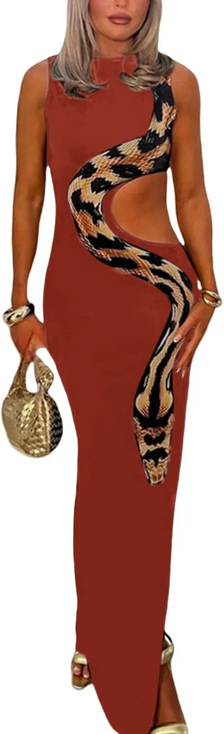 Women's Sleeveless Snake Printed Maxi Dress Sexy Hollow Out High Slit Bodycon Long Dress Evening Gown Party Dress