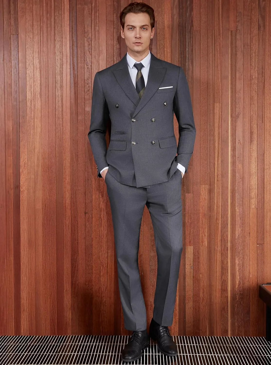 WULFUL Men's Suits Slim Fit 2 Piece Double Breasted Suit Men Tuxedo Blazer Jacket and Dress Pants Set for Business Wedding