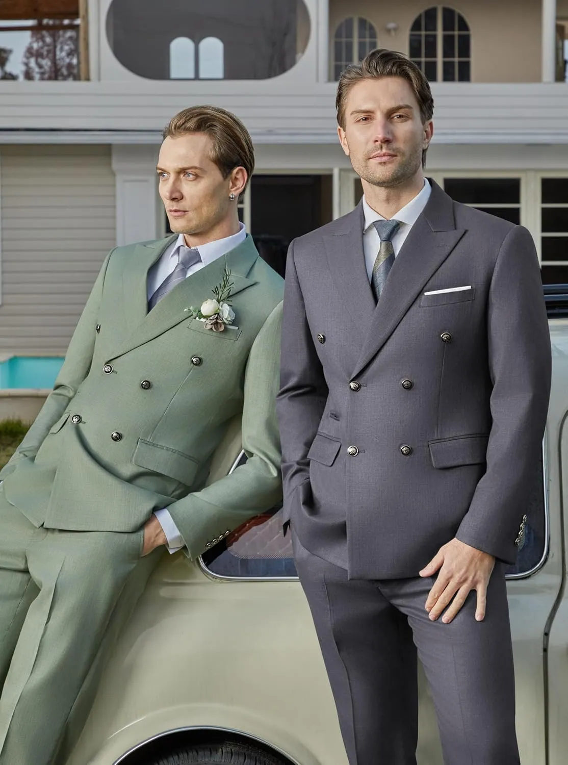 WULFUL Men's Suits Slim Fit 2 Piece Double Breasted Suit Men Tuxedo Blazer Jacket and Dress Pants Set for Business Wedding