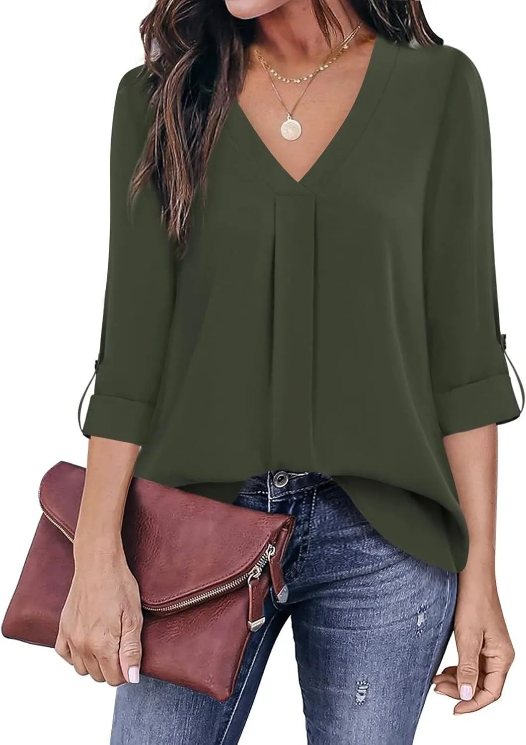 Youtalia Womens Blouses Dressy Casual Business Tops 3/4 Sleeve Chiffon V Neck Work Office Shirts