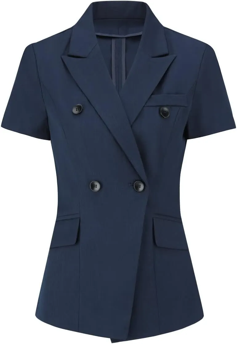 YYNUDA Women's Business Skirt Suit Set Formal Solid Short Sleeve Double Breasted Blazer Suit Set