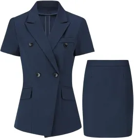 YYNUDA Women's Business Skirt Suit Set Formal Solid Short Sleeve Double Breasted Blazer Suit Set