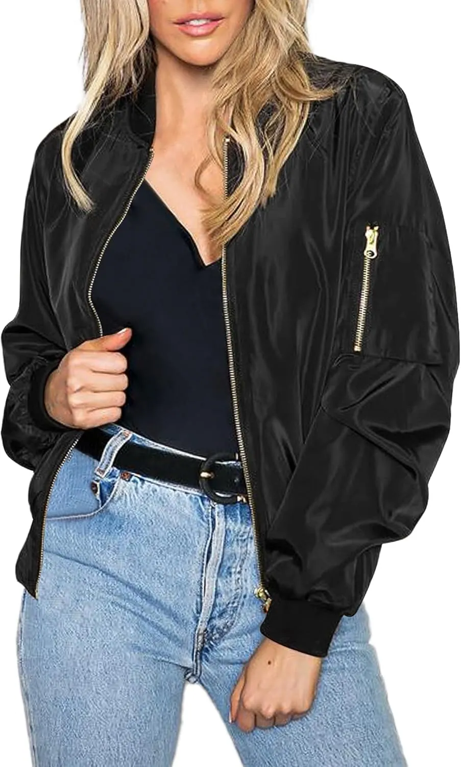 Zeagoo Women's Bomber Jacket Casual Coat Zip Up Outerwear Windbreaker with Pockets S-XXL